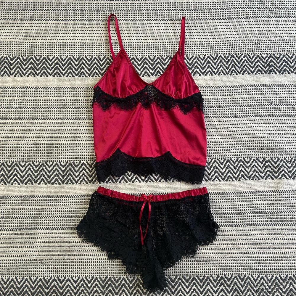 VENUS Satin Lace Trim Chemise Set - Red and Black